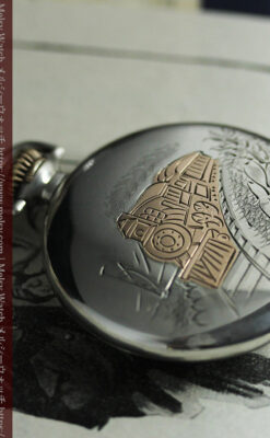 煙をあげる蒸気機関車 ウォルサムの銀無垢アンティーク懐中時計【1900年頃】-P2354-3