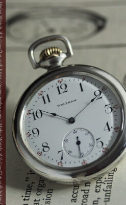 煙をあげる蒸気機関車 ウォルサムの銀無垢アンティーク懐中時計【1900年頃】-P2354-5