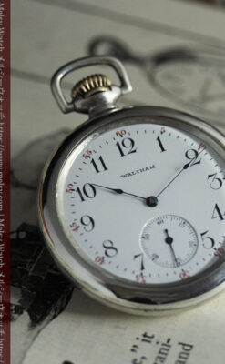 煙をあげる蒸気機関車 ウォルサムの銀無垢アンティーク懐中時計【1900年頃】-P2354-6