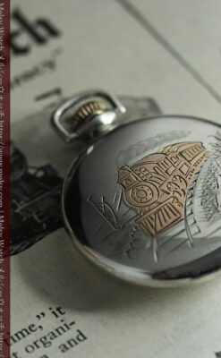 煙をあげる蒸気機関車 ウォルサムの銀無垢アンティーク懐中時計【1900年頃】-P2354-7