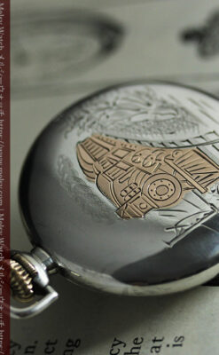 煙をあげる蒸気機関車 ウォルサムの銀無垢アンティーク懐中時計【1900年頃】-P2354-8