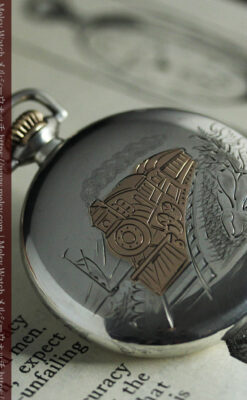 煙をあげる蒸気機関車 ウォルサムの銀無垢アンティーク懐中時計【1900年頃】-P2354-9