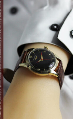 ロンジンのアンティーク腕時計 黒い文字盤に赤のエッセンス 【1954年頃】-W1609-16