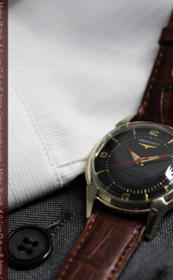 ロンジンのアンティーク腕時計 黒い文字盤に赤のエッセンス 【1954年頃】-W1609-8