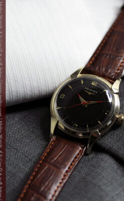 ロンジンのアンティーク腕時計 黒い文字盤に赤のエッセンス 【1954年頃】-W1609-9