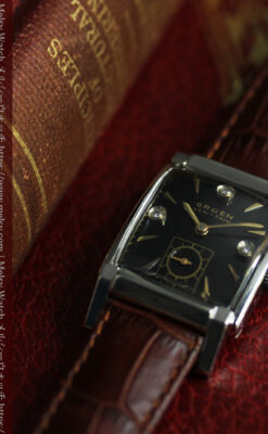 グリュエン アンティーク腕時計 金銀混色に3点ダイヤ&黒文字盤 【1945年頃】-W1617-1