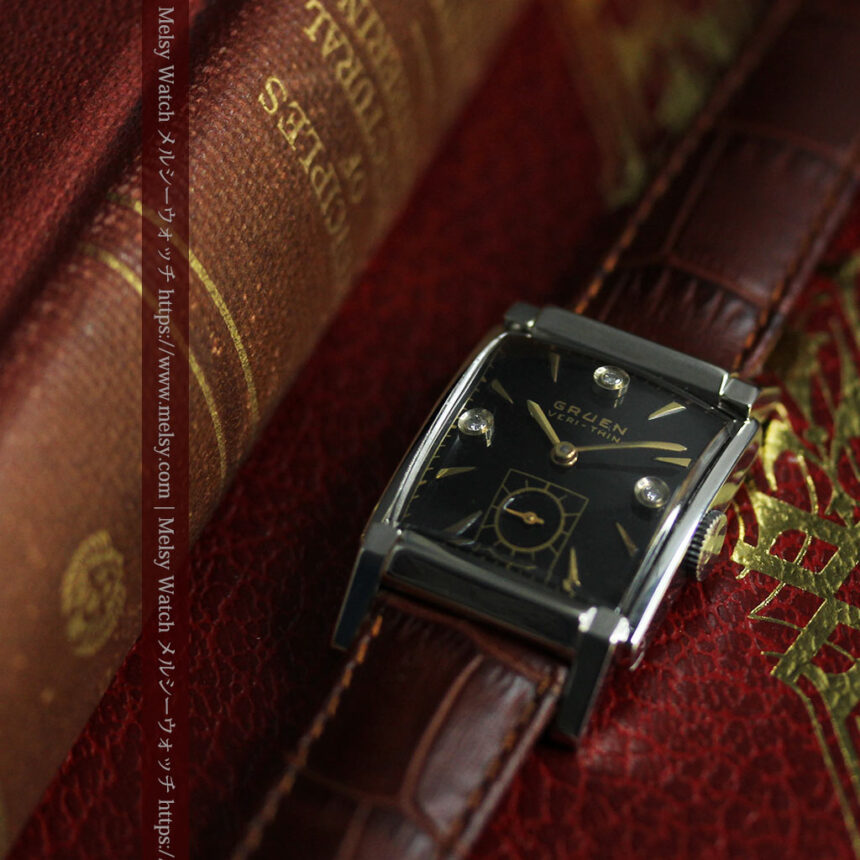 グリュエン アンティーク腕時計 金銀混色に3点ダイヤ&黒文字盤 【1945年頃】-W1617-1