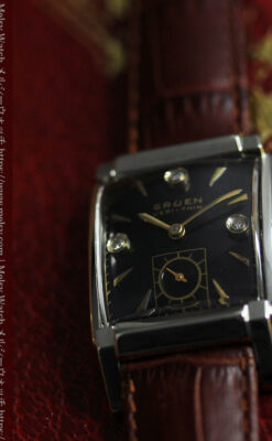 グリュエン アンティーク腕時計 金銀混色に3点ダイヤ&黒文字盤 【1945年頃】-W1617-8