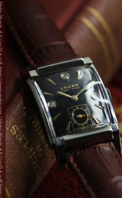 グリュエン アンティーク腕時計 金銀混色に3点ダイヤ&黒文字盤 【1945年頃】-W1617-9