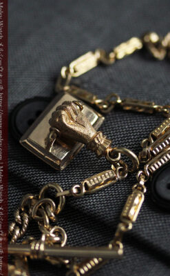 拳と石の飾り付きアンティーク懐中時計チェーン-C0514-11