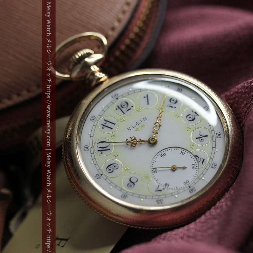 淡い黄色と金の美しい装飾 エルジンのアンティーク懐中時計【1900年頃】-P2356-1