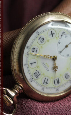 淡い黄色と金の美しい装飾 エルジンのアンティーク懐中時計【1900年頃】-P2356-10