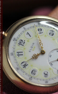 淡い黄色と金の美しい装飾 エルジンのアンティーク懐中時計【1900年頃】-P2356-11
