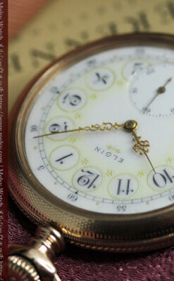 淡い黄色と金の美しい装飾 エルジンのアンティーク懐中時計【1900年頃】-P2356-12