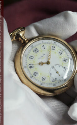 淡い黄色と金の美しい装飾 エルジンのアンティーク懐中時計【1900年頃】-P2356-5