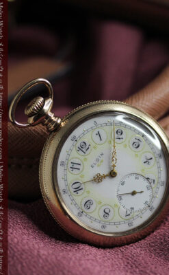 淡い黄色と金の美しい装飾 エルジンのアンティーク懐中時計【1900年頃】-P2356-8