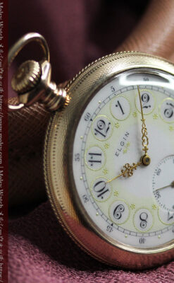 淡い黄色と金の美しい装飾 エルジンのアンティーク懐中時計【1900年頃】-P2356-9