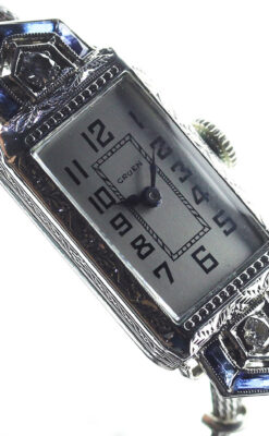 サファイアと大粒のダイヤが輝くグリュエンの金無垢アンティーク腕時計 【1925年頃】-W1620-9