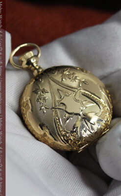 美しい彫りと文字盤・豪華なピン付き エルジンの14金無垢アンティーク懐中時計 【1906年頃】-P2360-24