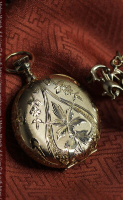 美しい彫りと文字盤・豪華なピン付き エルジンの14金無垢アンティーク懐中時計 【1906年頃】-P2360-6