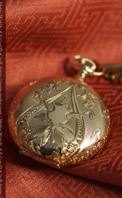 美しい彫りと文字盤・豪華なピン付き エルジンの14金無垢アンティーク懐中時計 【1906年頃】-P2360-7