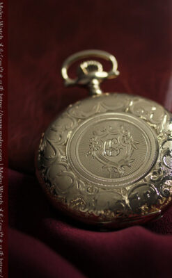 薄桃色の金彩文字盤 エルジンの大型アンティーク懐中時計 【1911年頃】-P2361-10