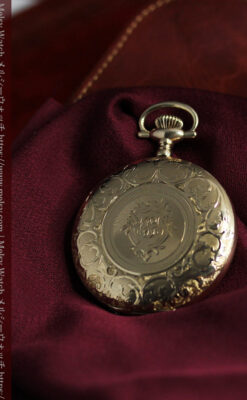 薄桃色の金彩文字盤 エルジンの大型アンティーク懐中時計 【1911年頃】-P2361-13