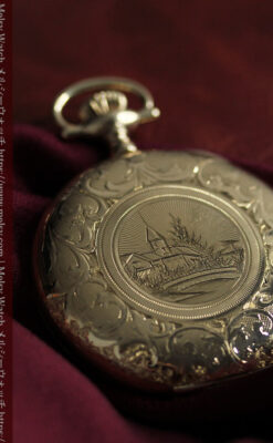 薄桃色の金彩文字盤 エルジンの大型アンティーク懐中時計 【1911年頃】-P2361-14