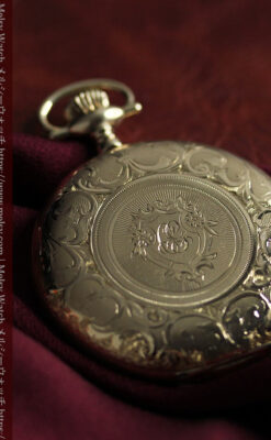 薄桃色の金彩文字盤 エルジンの大型アンティーク懐中時計 【1911年頃】-P2361-15