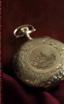 薄桃色の金彩文字盤 エルジンの大型アンティーク懐中時計 【1911年頃】-P2361-9