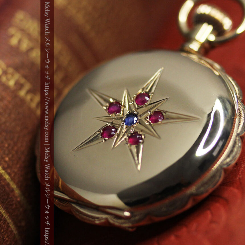 ルビー＆サファイアの星が交わる エルジンの金無垢アンティーク懐中時計 【1900年頃】 箱付き-P2363-1
