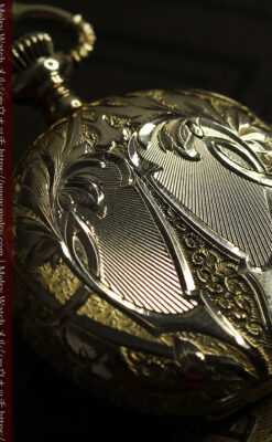 勢いのある装飾が美しいウォルサムの金無垢アンティーク懐中時計 【1900年頃】-P2366-1