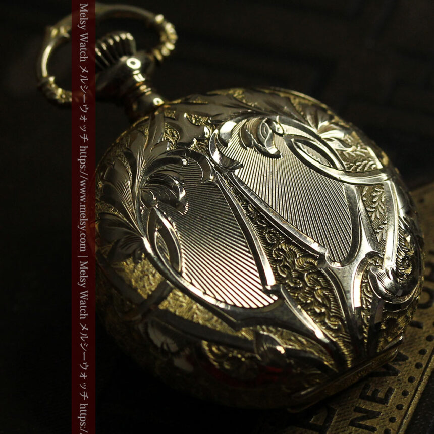 勢いのある装飾が美しいウォルサムの金無垢アンティーク懐中時計 【1900年頃】-P2366-1