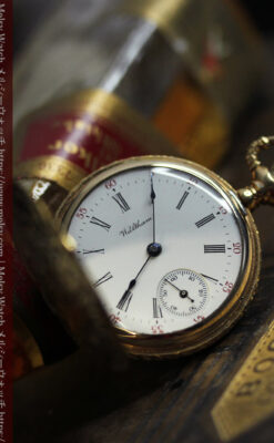 勢いのある装飾が美しいウォルサムの金無垢アンティーク懐中時計 【1900年頃】-P2366-6