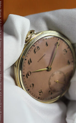 際立つ彫りとサーモンピンクの文字盤 ロンジンのアンティーク懐中時計【1940年頃】-P2369-11