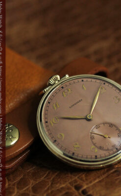 際立つ彫りとサーモンピンクの文字盤 ロンジンのアンティーク懐中時計【1940年頃】-P2369-9