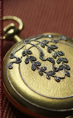 ミル打ちとダイヤの美しい装飾 ロンジンの18金無垢アンティーク懐中時計 【1909年製】真珠ピン付き-P2370-1