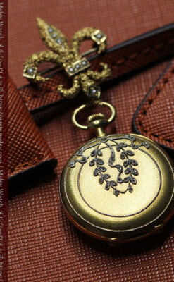 ミル打ちとダイヤの美しい装飾 ロンジンの18金無垢アンティーク懐中時計 【1909年製】真珠ピン付き-P2370-10