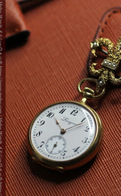 ミル打ちとダイヤの美しい装飾 ロンジンの18金無垢アンティーク懐中時計 【1909年製】真珠ピン付き-P2370-11