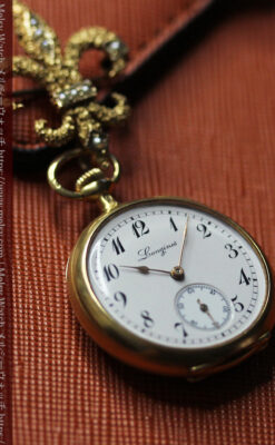 ミル打ちとダイヤの美しい装飾 ロンジンの18金無垢アンティーク懐中時計 【1909年製】真珠ピン付き-P2370-12