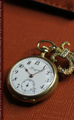 ミル打ちとダイヤの美しい装飾 ロンジンの18金無垢アンティーク懐中時計 【1909年製】真珠ピン付き-P2370-13