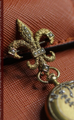 ミル打ちとダイヤの美しい装飾 ロンジンの18金無垢アンティーク懐中時計 【1909年製】真珠ピン付き-P2370-17