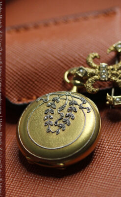 ミル打ちとダイヤの美しい装飾 ロンジンの18金無垢アンティーク懐中時計 【1909年製】真珠ピン付き-P2370-3