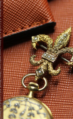 ミル打ちとダイヤの美しい装飾 ロンジンの18金無垢アンティーク懐中時計 【1909年製】真珠ピン付き-P2370-5