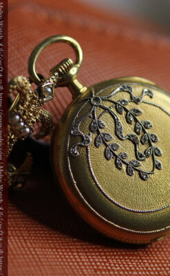 ミル打ちとダイヤの美しい装飾 ロンジンの18金無垢アンティーク懐中時計 【1909年製】真珠ピン付き-P2370-8