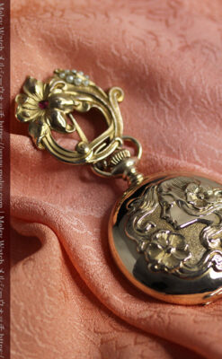 美しい女性の横顔 ウォルサムのアンティーク懐中時計 【1906年頃】ブローチ付き-P2371-3