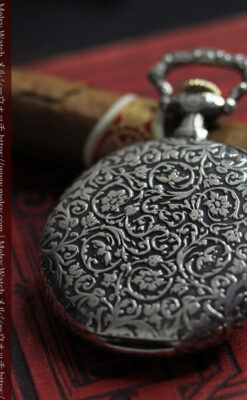 黒と銀の美しい装飾と色使い ロンジンの銀無垢アンティーク懐中時計 【1899年製】-P2372-1