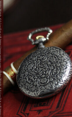 黒と銀の美しい装飾と色使い ロンジンの銀無垢アンティーク懐中時計 【1899年製】-P2372-10