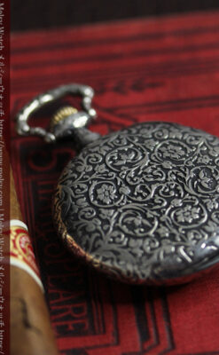 黒と銀の美しい装飾と色使い ロンジンの銀無垢アンティーク懐中時計 【1899年製】-P2372-11