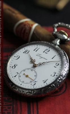 黒と銀の美しい装飾と色使い ロンジンの銀無垢アンティーク懐中時計 【1899年製】-P2372-13
